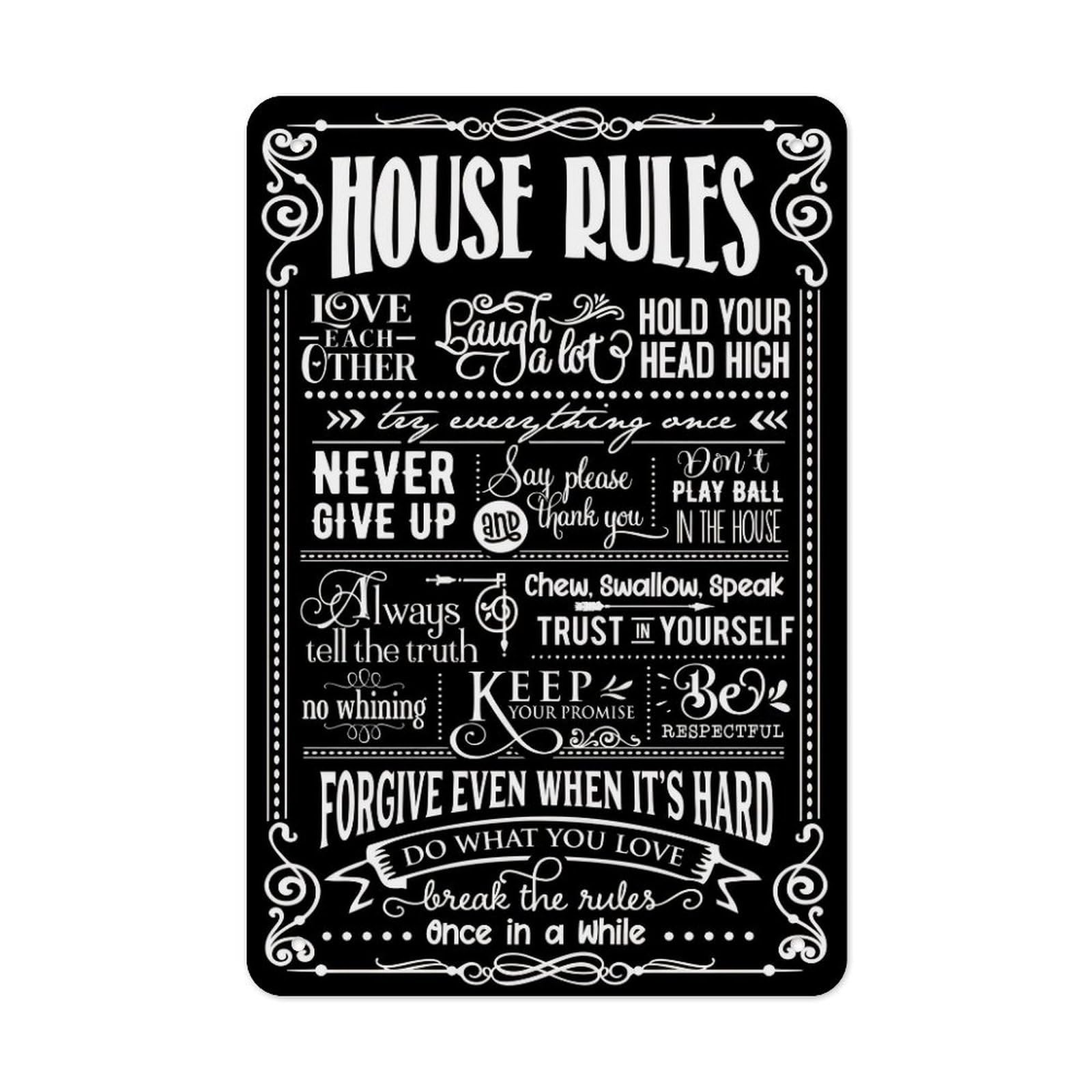House Rules Metal Tin Sign – Black & White Family Rules Typography Poster, Chalkboard Farmhouse Rustic Wall Art for Entryway Kitchen Living Room, Vintage Home Decor 12x8 Inch