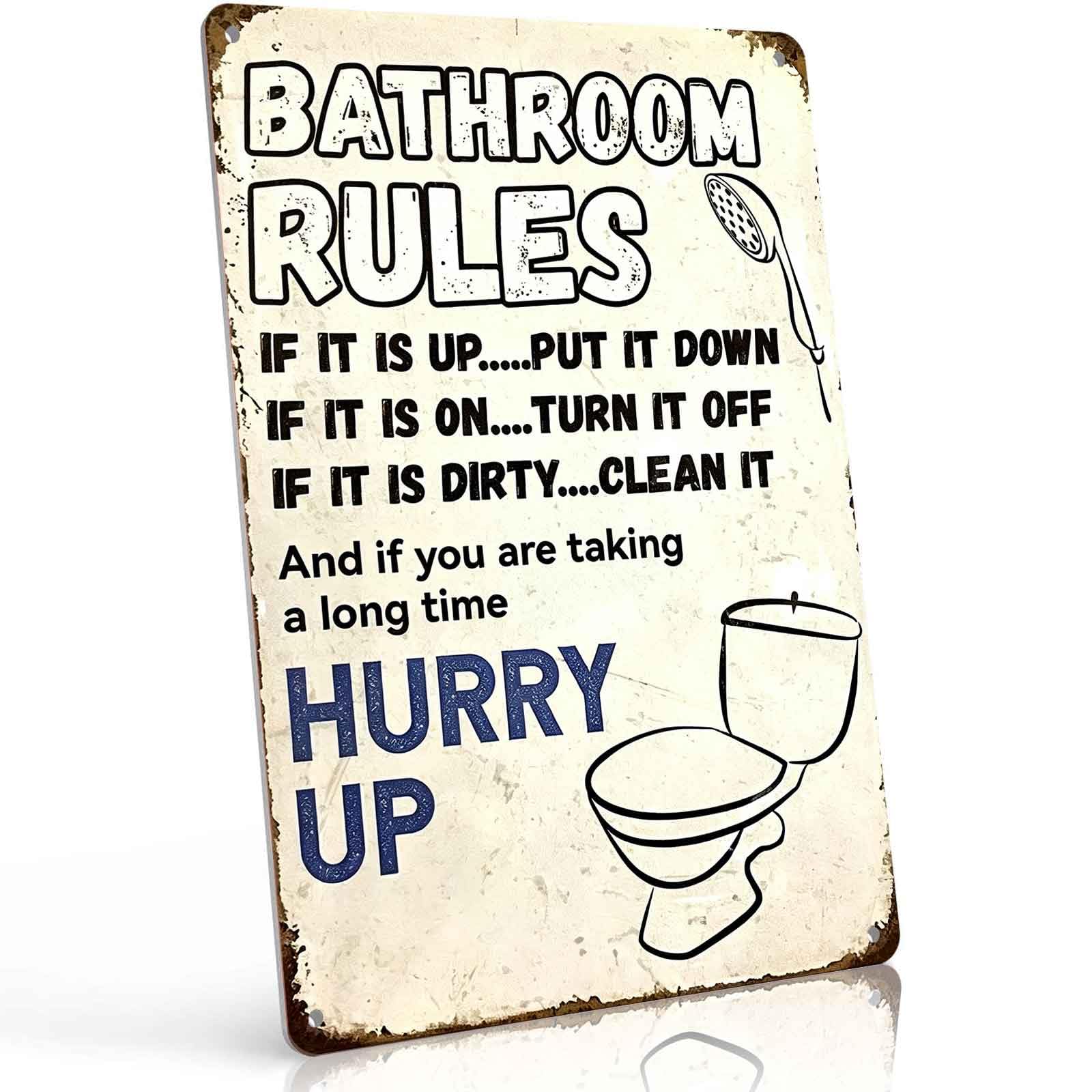 Vintage 'Bathroom Rules' Metal Tin Sign – Funny Wall Art for Bathroom Decor, 8x12 Inch