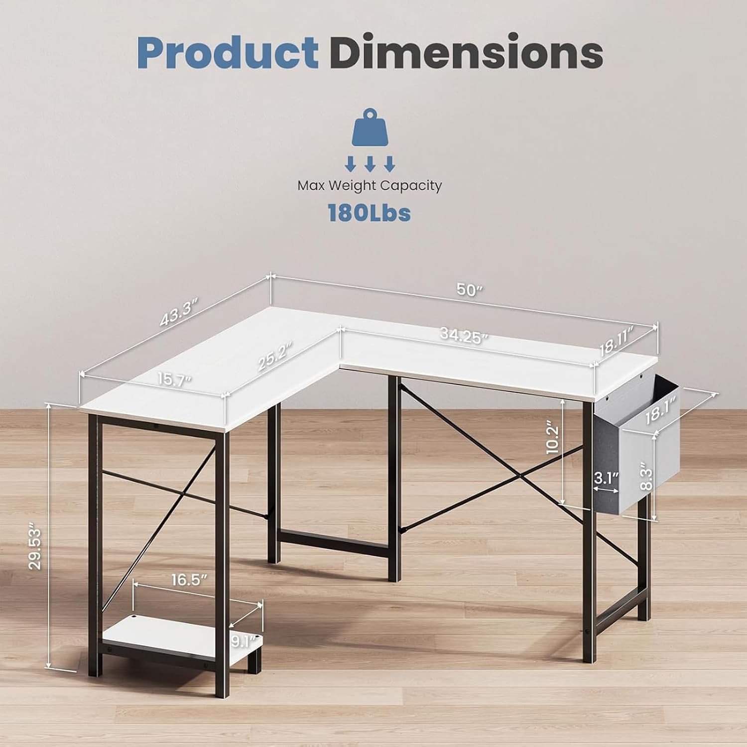 Sweetcrispy L Shaped Desk Computer Gaming Corner Table PC Workstation with CPU Stand Side Bag for Home Office Dorm Sturdy Writing Setup Furniture White 50 Inch Desk