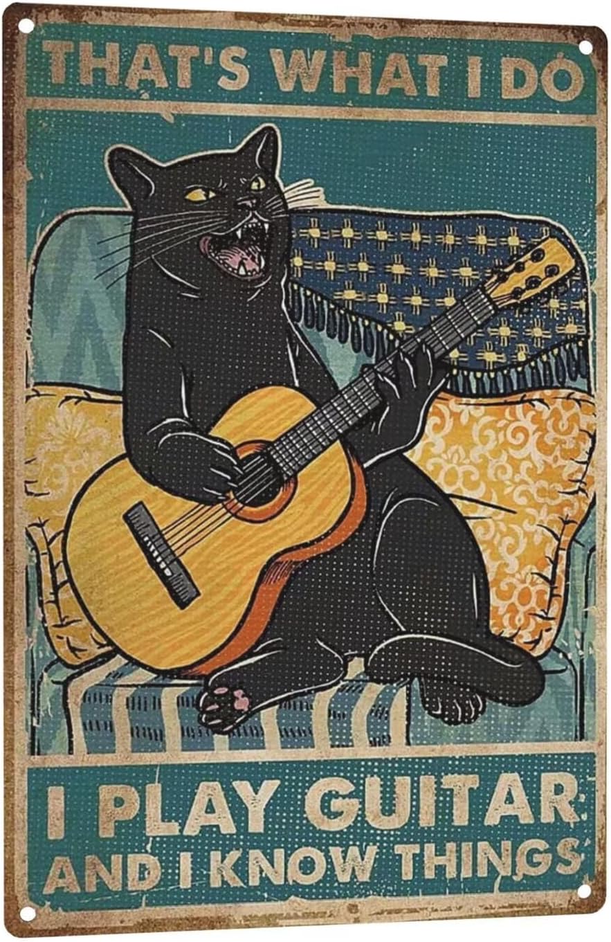 Black Cat That's What I Do I Play Guitar and I Know Things Metal Tin Sign Wall Art Deco Living Room, Cafe, Bar, Club, Garage Home Decoration Gift 8 X 12 Inches