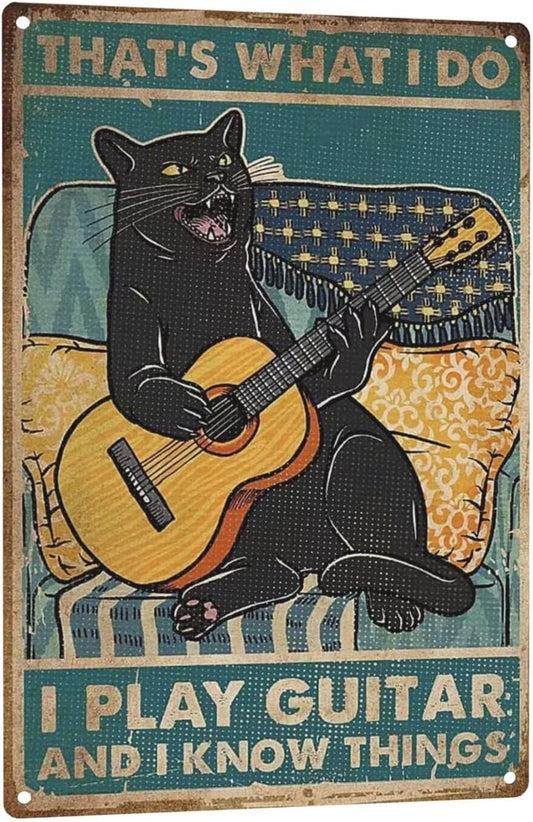 Black Cat That's What I Do I Play Guitar and I Know Things Metal Tin Sign Wall Art Deco Living Room, Cafe, Bar, Club, Garage Home Decoration Gift 8 X 12 Inches