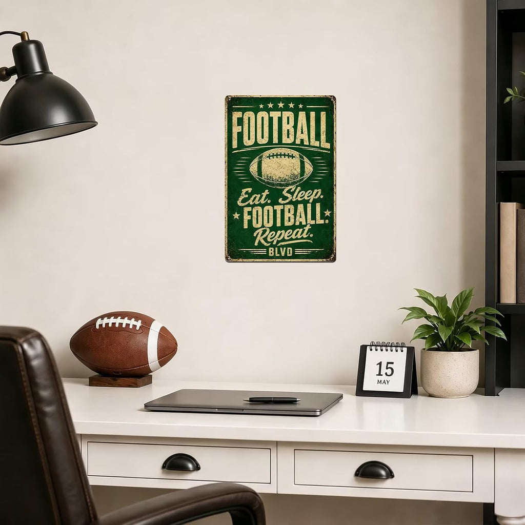 Eat Sleep Football Repeat Tin Sign, Football Room Wall Decor For Teen Boys Room Bedroom, Sports Player Man Cave Decor 8X12 Inch