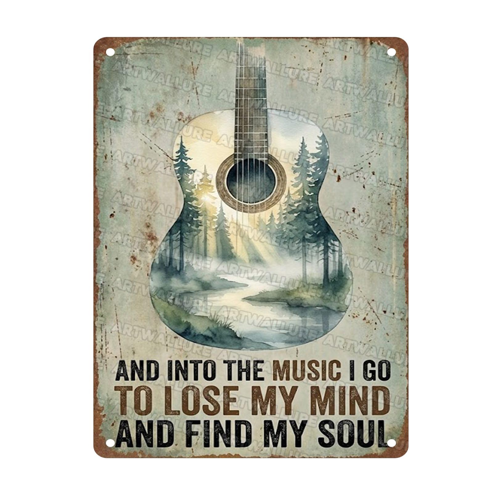Acoustic Guitar Metal Tin Sign Nature Scenery Music Decor Vintage Wall Art Gift for Guitar Player Camping Lover 8x12Inch