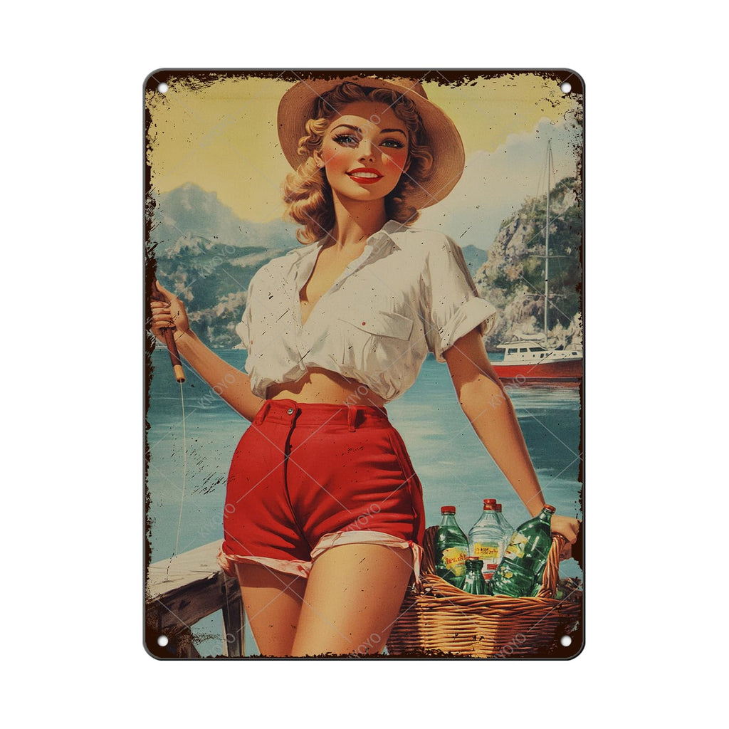 50s Pin up Girl Fishing Metal Tin Sign Open Fly Season Wall Decor Home Angler Cafes Lake House Seascape 12x8 Inch