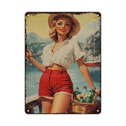 50s Pin up Girl Fishing Metal Tin Sign Open Fly Season Wall Decor Home Angler Cafes Lake House Seascape 12x8 Inch