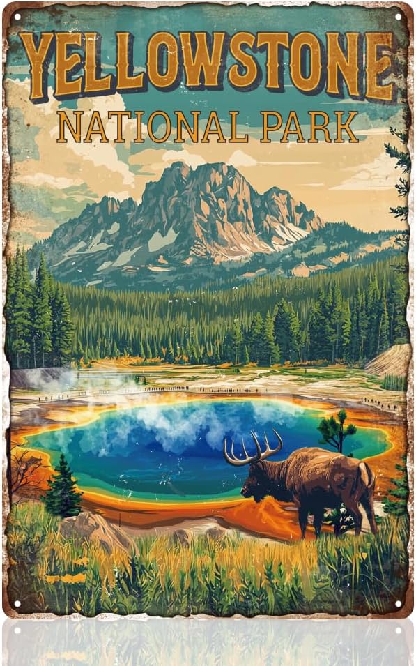 Yellowstone National Park Wall Art Decor Sign, Vintage Metal Tin Poster for Home Room Wall Decor Gift 8 x 12 Inch