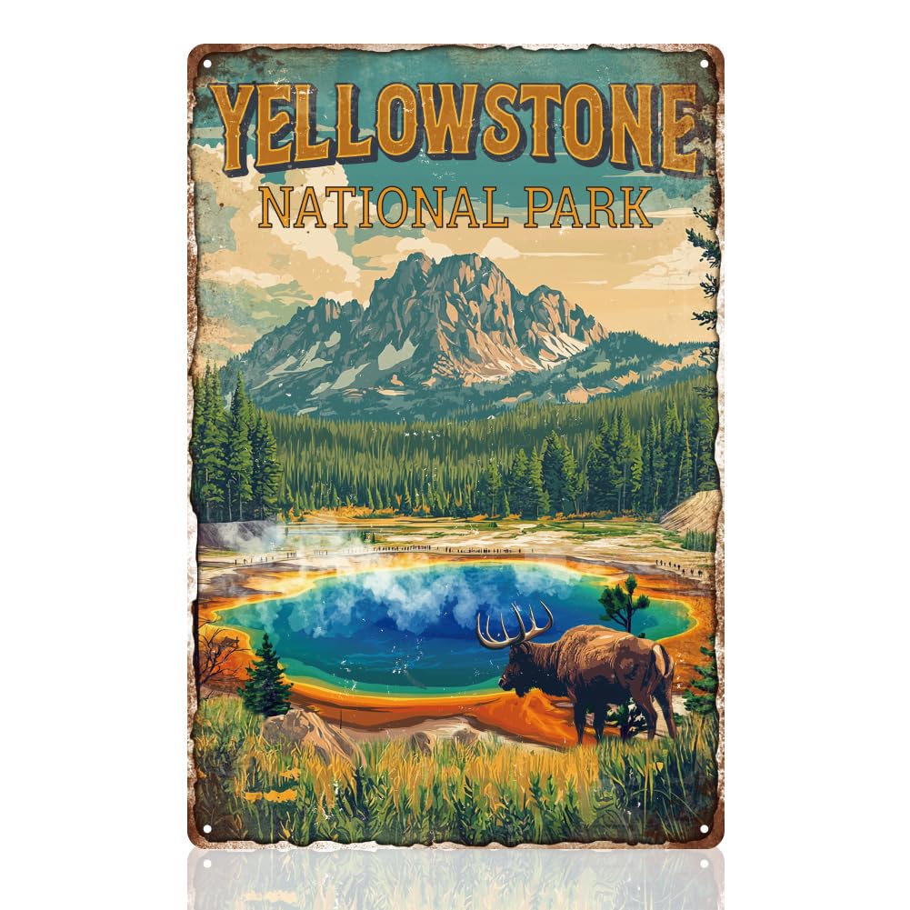 Yellowstone National Park Wall Art Decor Sign, Vintage Metal Tin Poster for Home Room Wall Decor Gift 8 x 12 Inch