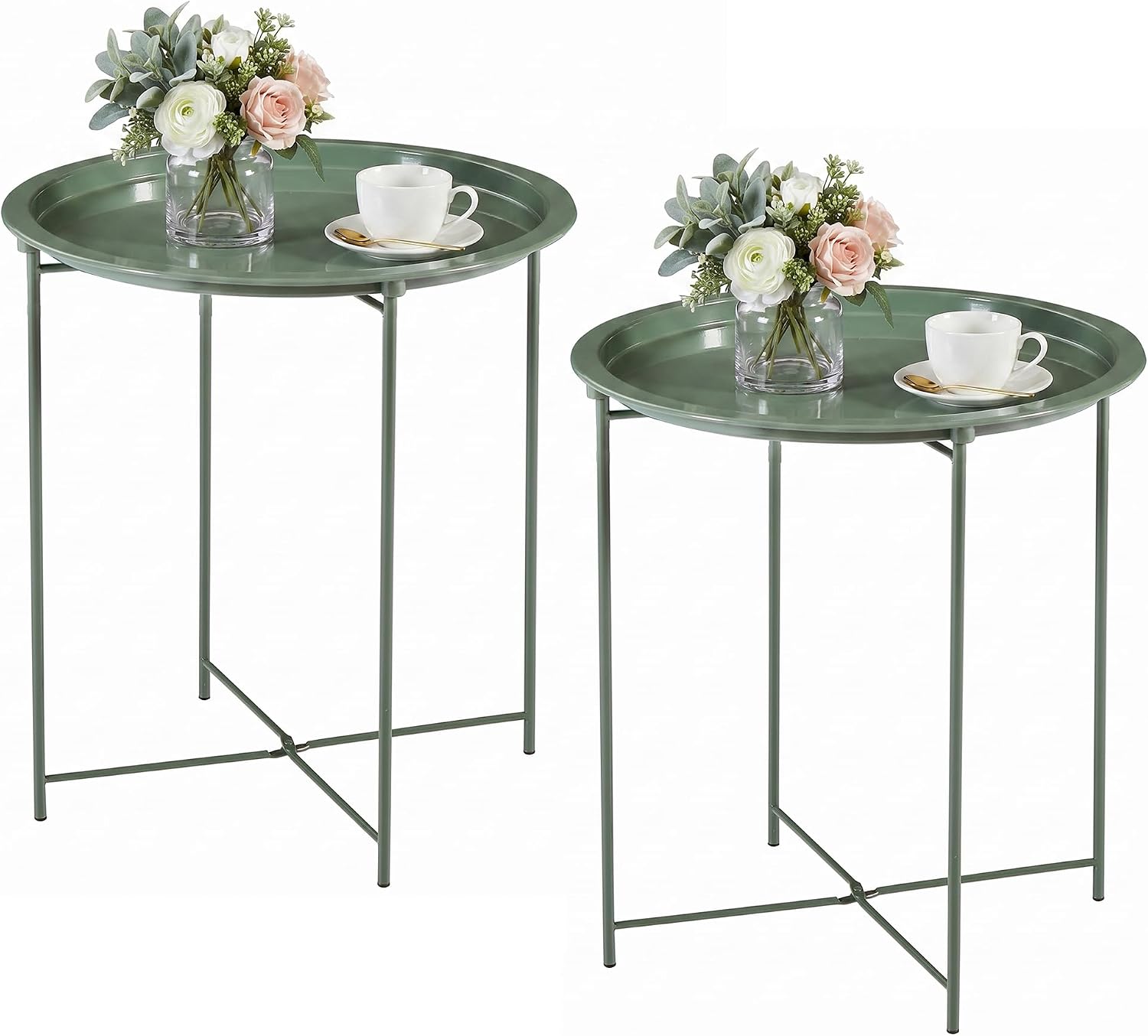 VECELO Side/End Table, Folding Round Metal Anti-Rust and Waterproof Outdoor or Indoor Tray for Living Room Bedroom Balcony and Office, 2 PCS, Dark Green
