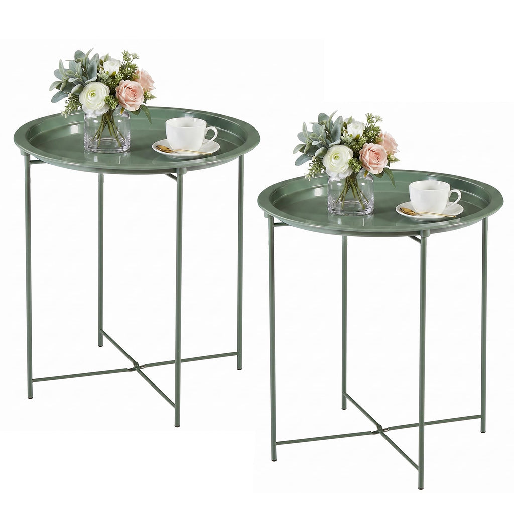 VECELO Side/End Table, Folding Round Metal Anti-Rust and Waterproof Outdoor or Indoor Tray for Living Room Bedroom Balcony and Office, 2 PCS, Dark Green