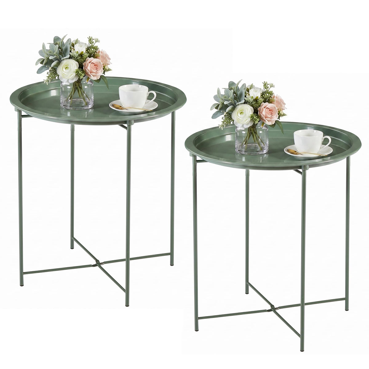 VECELO Side/End Table, Folding Round Metal Anti-Rust and Waterproof Outdoor or Indoor Tray for Living Room Bedroom Balcony and Office, 2 PCS, Dark Green