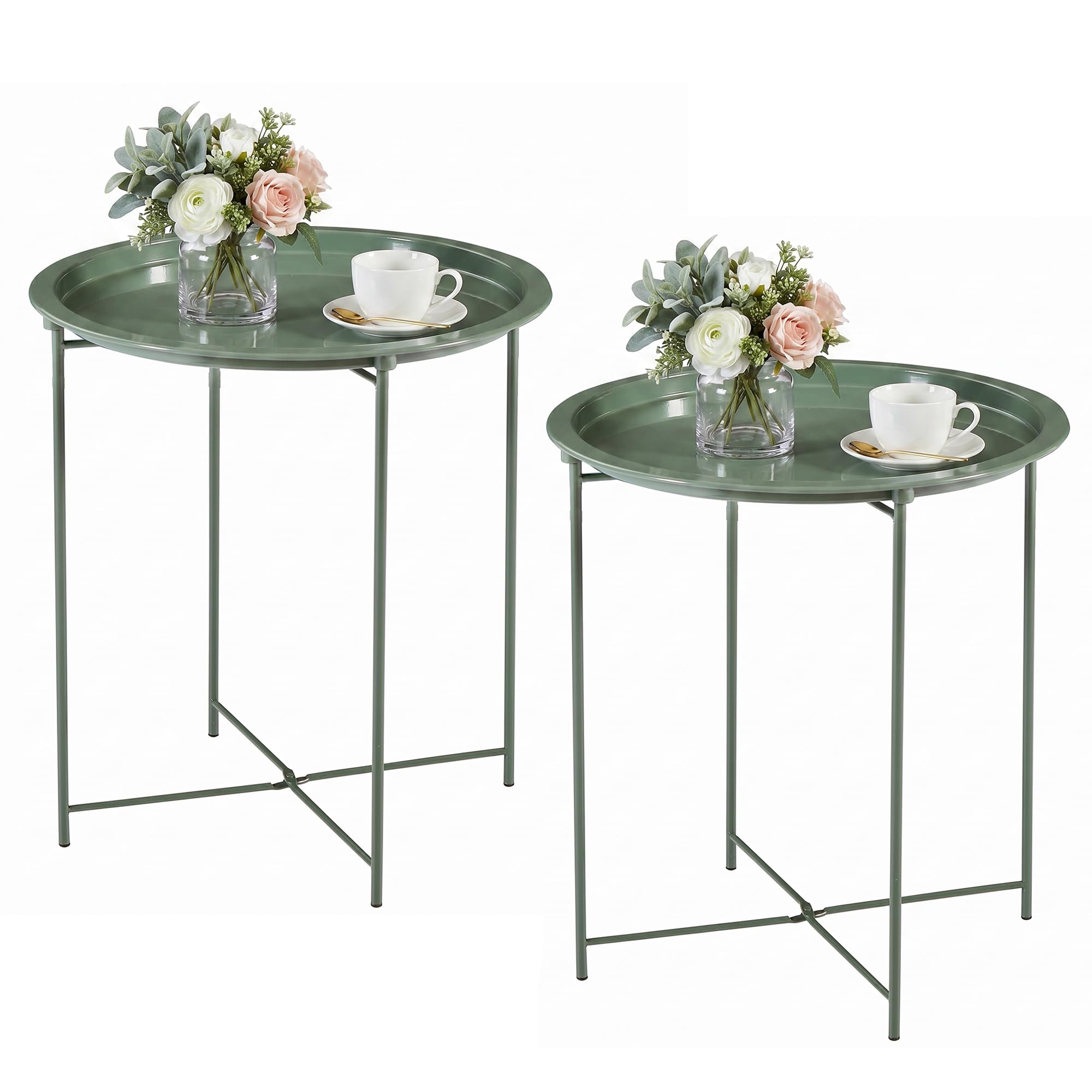 VECELO Side/End Table, Folding Round Metal Anti-Rust and Waterproof Outdoor or Indoor Tray for Living Room Bedroom Balcony and Office, 2 PCS, Dark Green