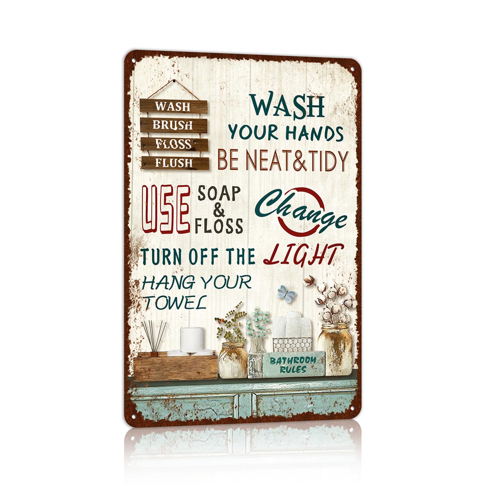 Vintage Farmhouse Bathroom Metal Tin Signs Rustic Flower Country Wall Art Decor 8X12 Inches