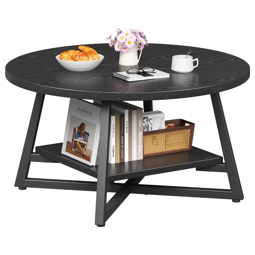 Round Coffee Table, Small Circle Coffee Table with Storage, Modern Wood Round Center Table for Living Room, Home Office, Small Space, Easy Assembly, Rustic Brown