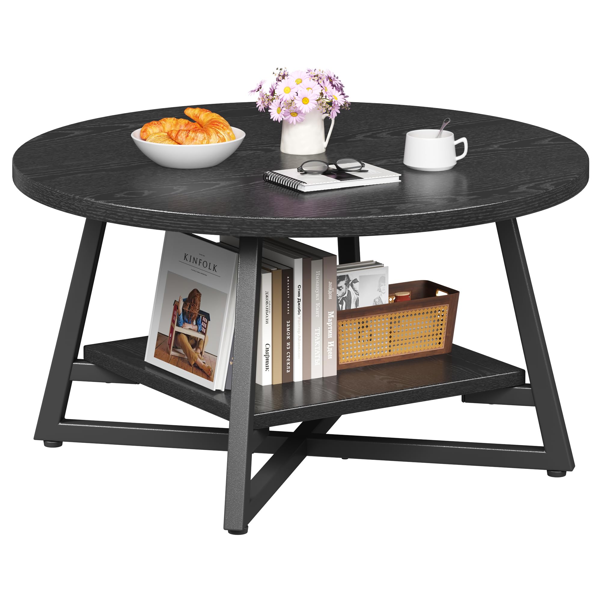 Round Coffee Table, Small Circle Coffee Table with Storage, Modern Wood Round Center Table for Living Room, Home Office, Small Space, Easy Assembly, Rustic Brown