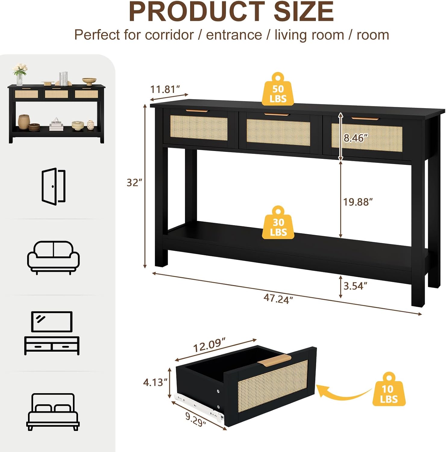 Luoxiao Entryway Table, 47" Rattan Console Tables with 3 Drawers, Narrow Hallway Table for Entryway with Storage Shelf, Slim Sofa Table Behind Couch, Modern Black Foyer Entry Way Table, Easy Assembly