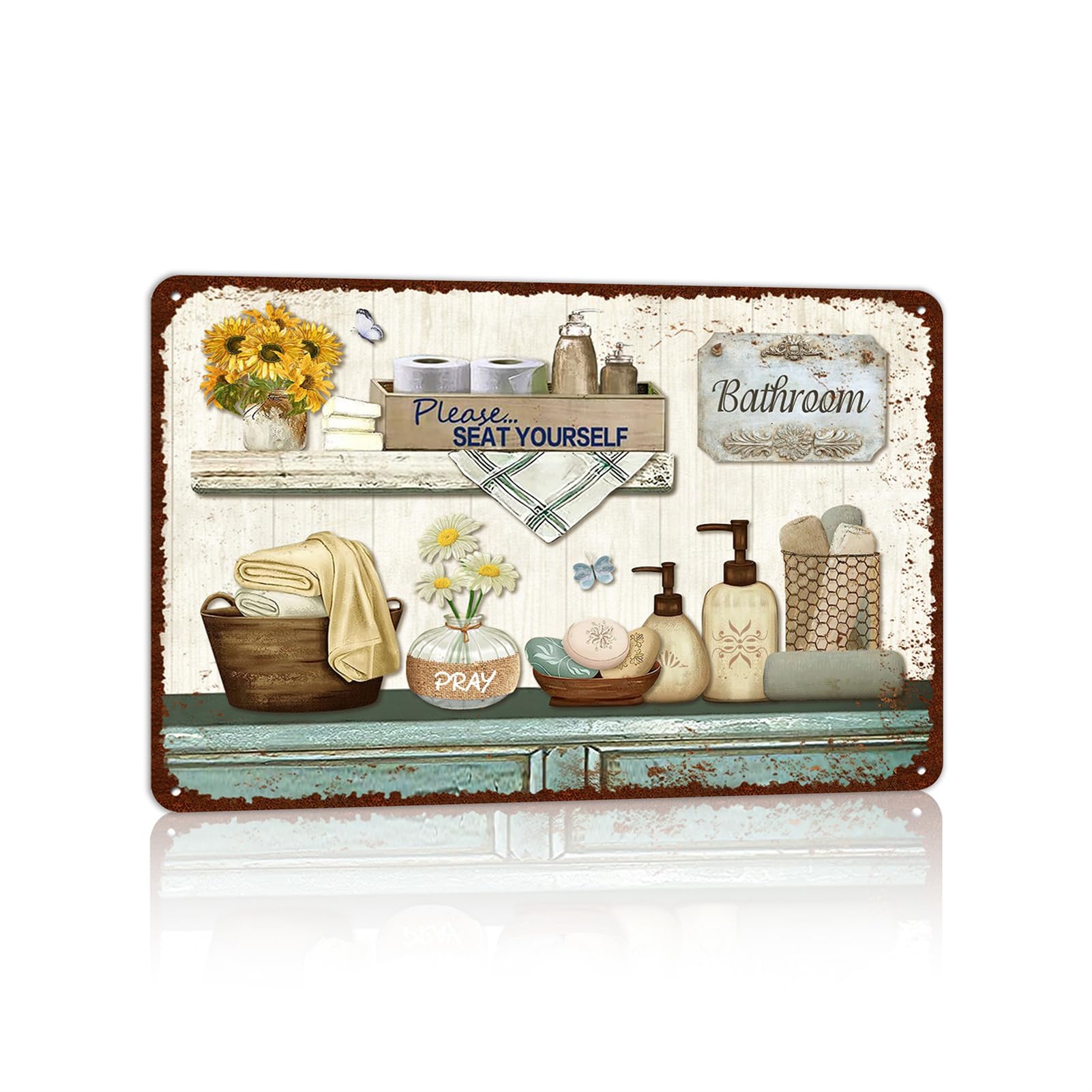 Vintage Farmhouse Bathroom Metal Tin Signs Rustic Flower Country Wall Art Decor 8X12 Inches