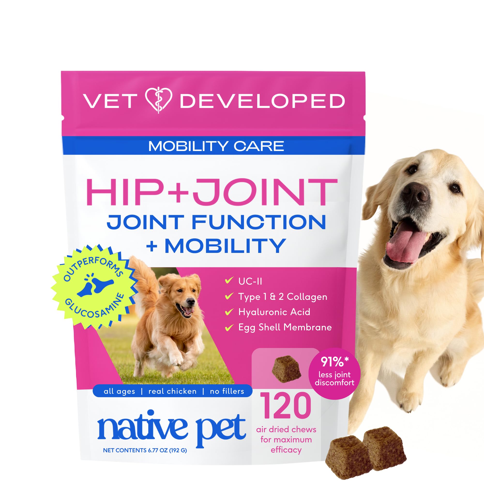 Native Pet Hip & Joint Advanced Care Dog Joint Supplement Powder for Mobility & Movement Support, Joint Supplement for Dogs with HMB, UC-II Collagen, Green Lipped Mussel & Hyaluronic Acid – 30 Scoops