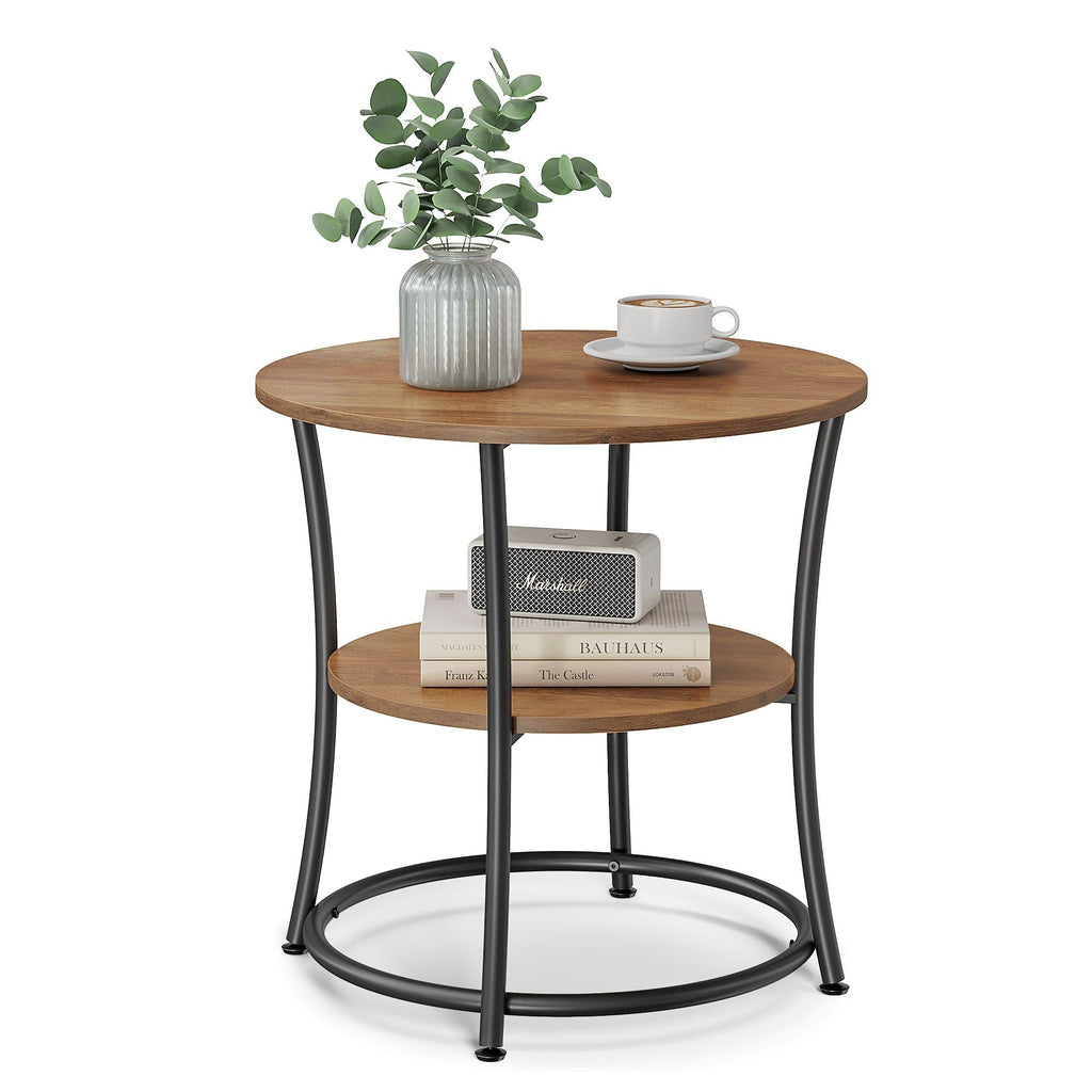 VASAGLE 21.7-Inch Round Side Table, 2-Tier End Table, Nightstand with Steel Frame, Spacious Top, for Small Spaces, Living Room, Bedroom, Rustic Brown and Ink Black ULET56BX
