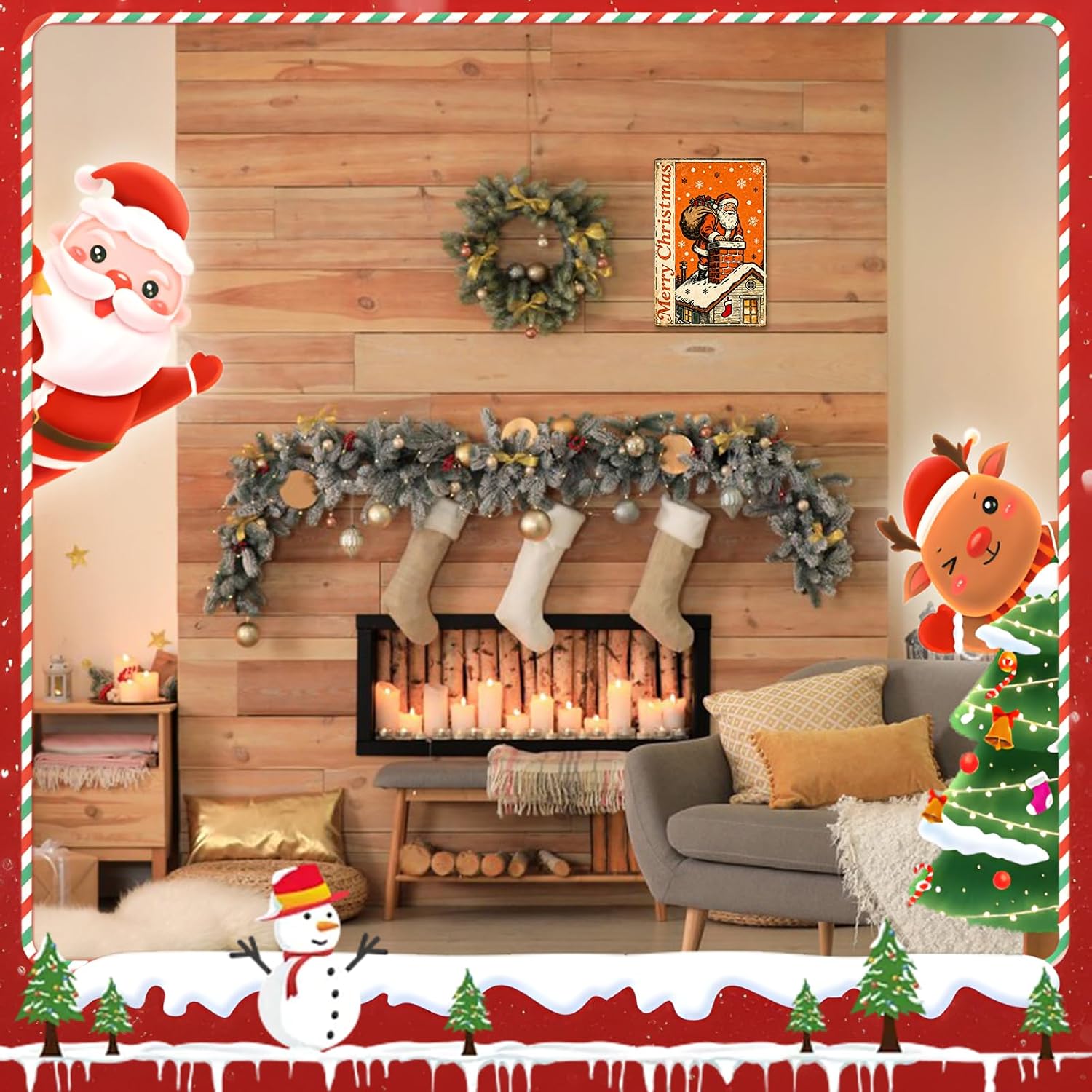 Christmas Decorations Metal Tin Sign For Indoor Outdoor 12x8 In Santa Climbing Chimney Sign With Snowflake & Stocking Man Cave Decor For Yard, Garage Wall, Rustic Vintage Bar Club Xmas Decoration.