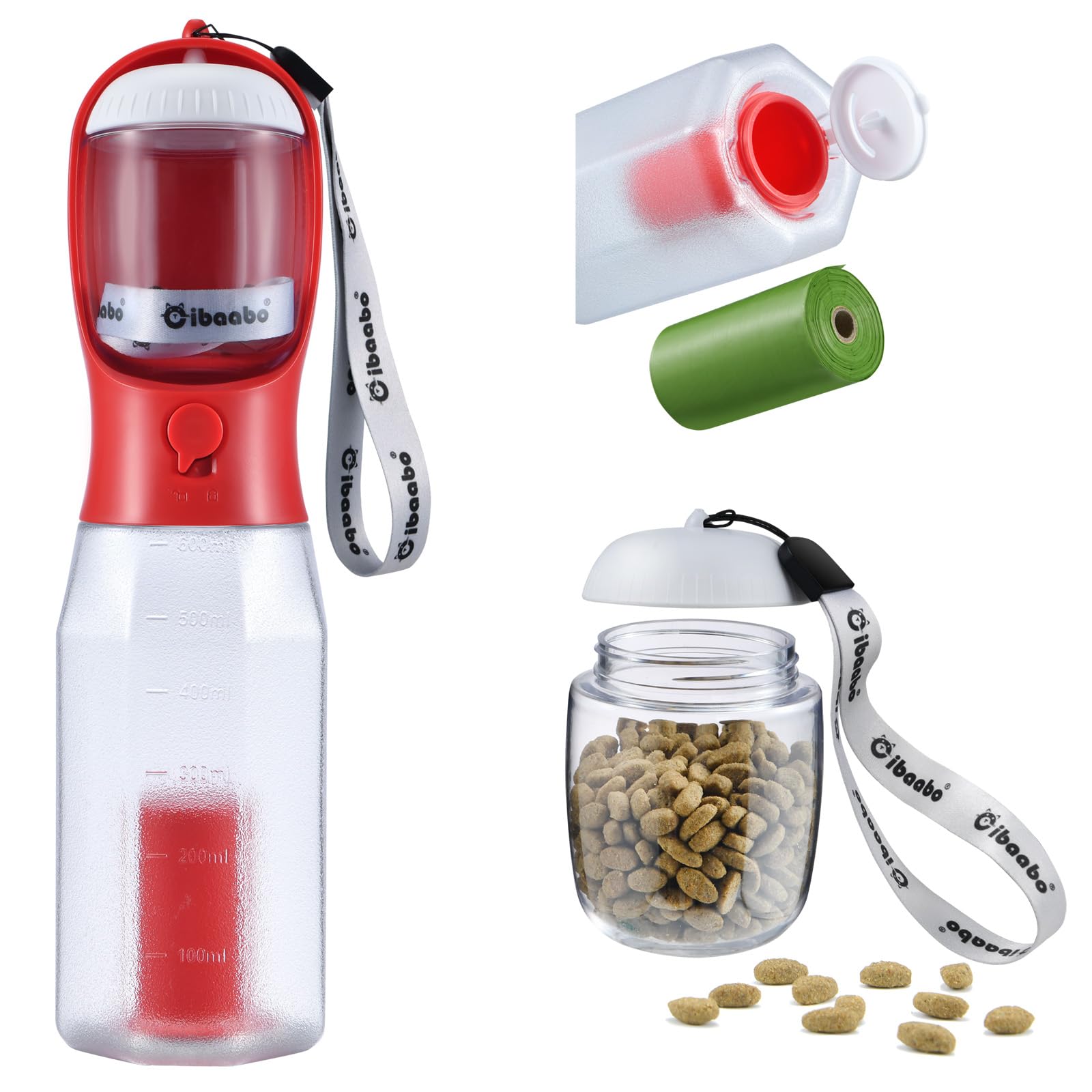 Cibaabo Dog Water Bottle with Food Container & Poop Bag Holder, Travel Water Bowl, Portable Pet Dispenser, Girl Dog Accessories Stuff Items Essentials Gift for Yorkie Chihuahua Walking Hiking