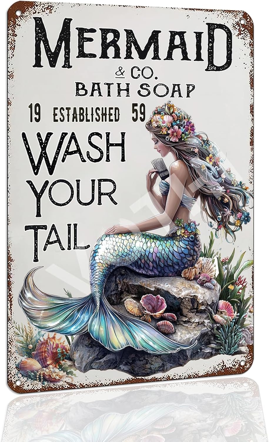 Funny Mermaid Vintage Metal Tin Sign - Sea Inspired Decor for Home & BarsRustic Beach Themed Sign “Mermaid Washes Your Tail” - 8x12 Inch