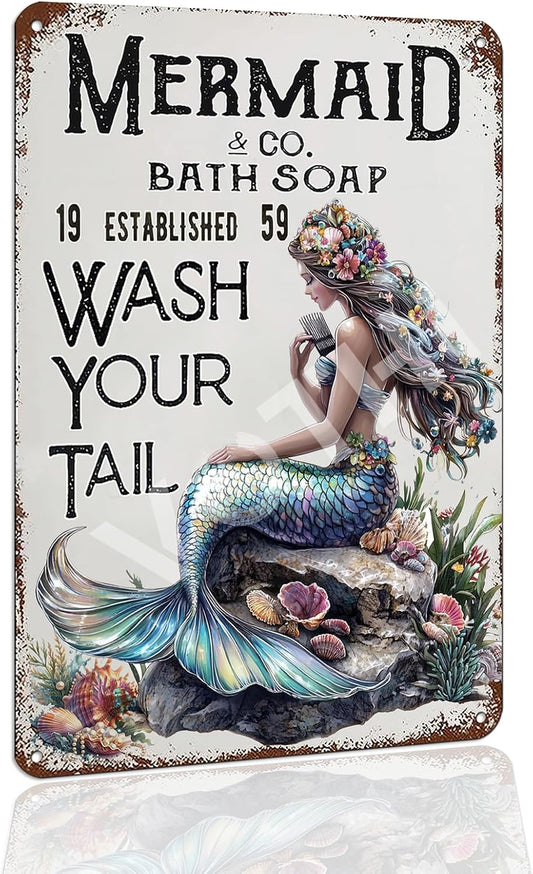 Funny Mermaid Vintage Metal Tin Sign - Sea Inspired Decor for Home & BarsRustic Beach Themed Sign “Mermaid Washes Your Tail” - 8x12 Inch