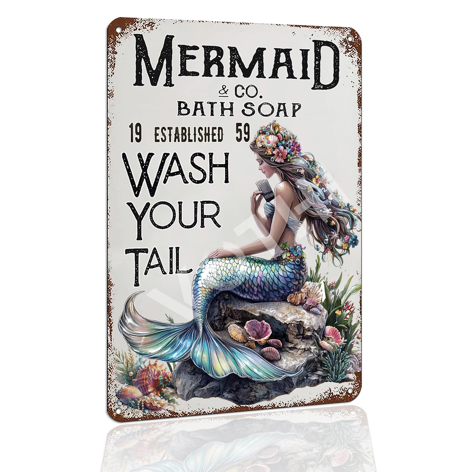 Funny Mermaid Vintage Metal Tin Sign - Sea Inspired Decor for Home & BarsRustic Beach Themed Sign “Mermaid Washes Your Tail” - 8x12 Inch