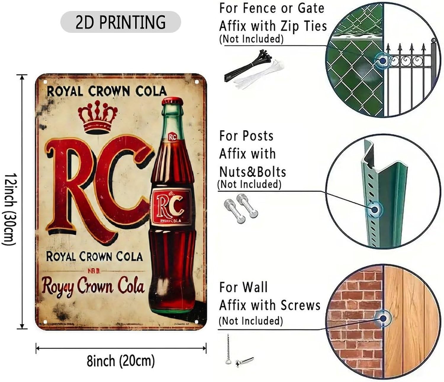 Royal Crown Cola Tin Sign， Vintage Soda Pop Metal Sign Print Aesthetic Room Decoration for Home Bedroom Kitchen Bar Coffee Dorm Bathroom Wall Decor 8 X 12 in
