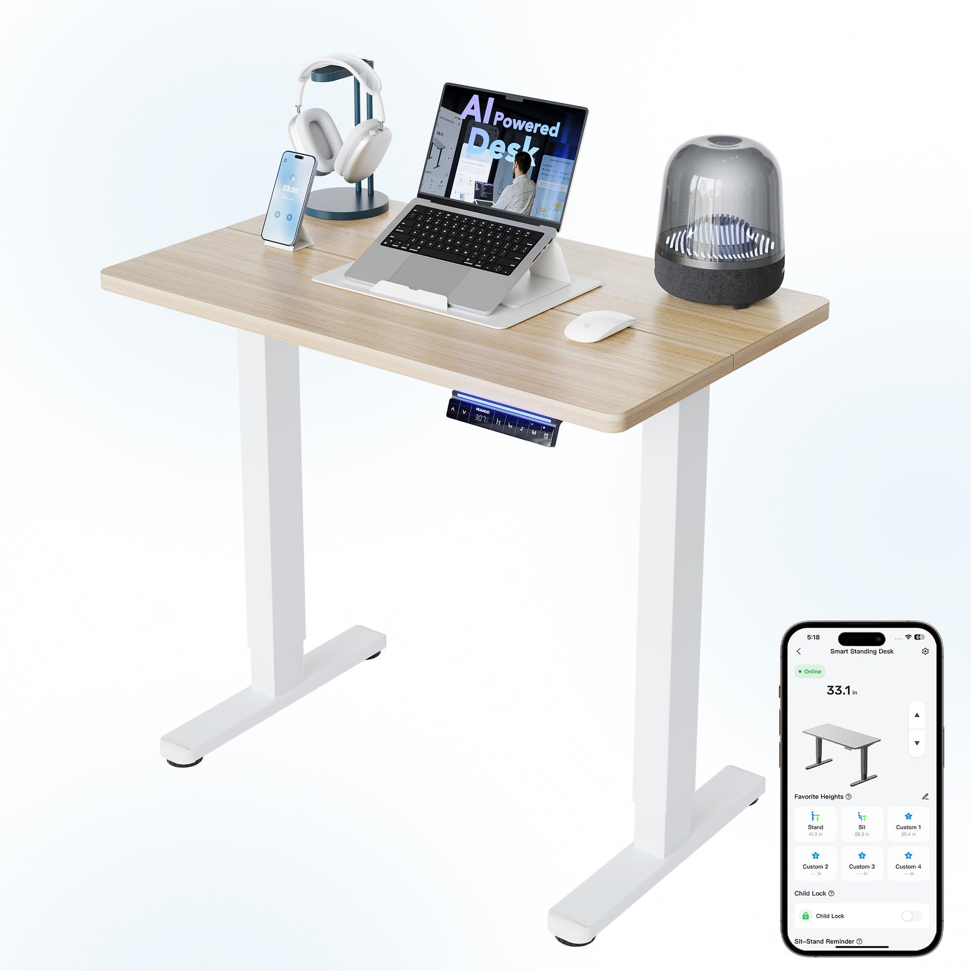 HUANUO 32" Small Electric Standing Desk Adjustable Height, 4 Memory Height Settings, Sit Stand Up Desk for Home Office & Computer Workstation, LightWalnut