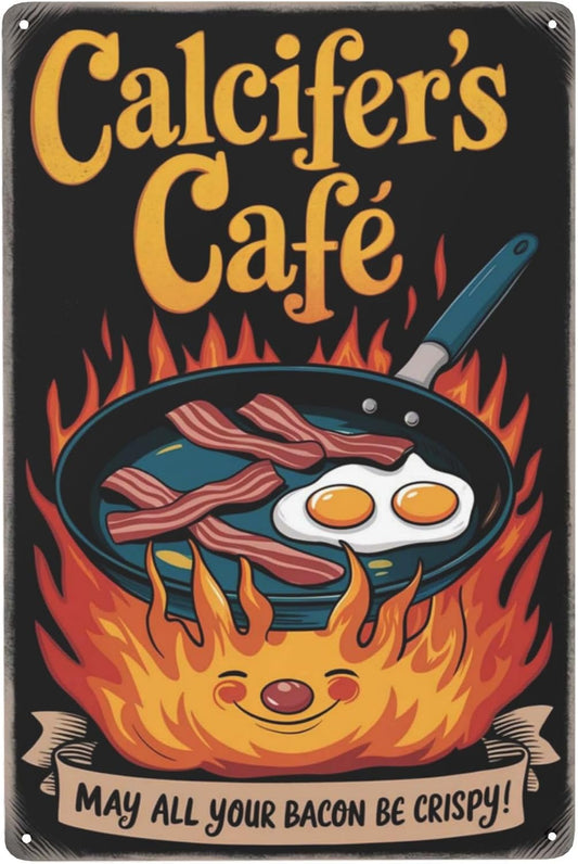 8x12 Inch Metal Sign Featuring Elegant Calcifers Cafe May All Your Bacon Be Crispy Funny Anime Kitchen Sign Decor With Distinctive Artistic Fonts For Residential Living Display