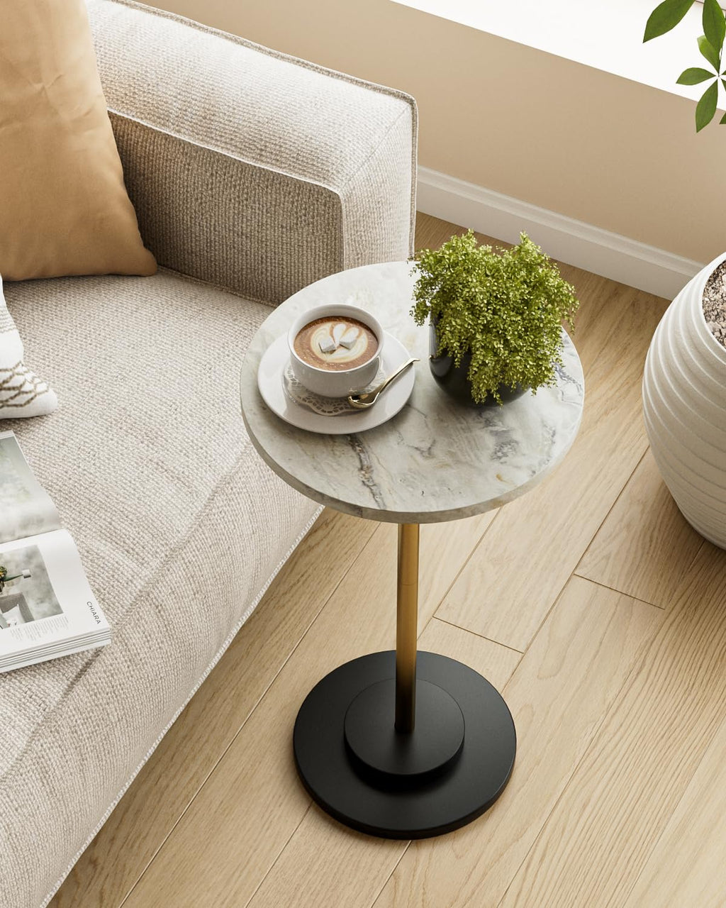 Round Side Table, Small Drink Table for Small Spaces, Modern Accent End Table with Metal Leg for Living Room, Bedroom, Corners, and Office (Black Marble)