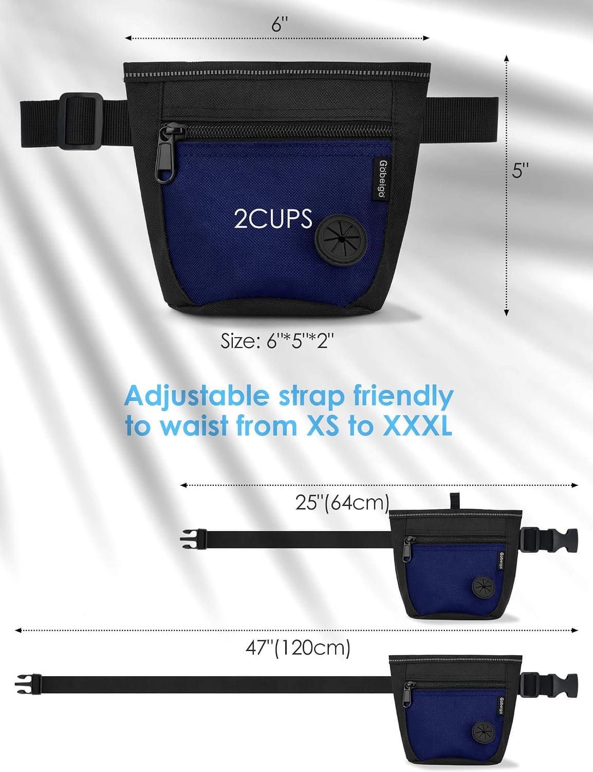 Gobeigo Dog Treat Pouch and Training Clicker, Upgrade Two Magnetic Closure to Prevent Spills, 2 Cup Treat Bag with Poop Bag Dispenser, Metal Clip Waist Belt Fanny Pack for Pet Walk (Black/Blue)