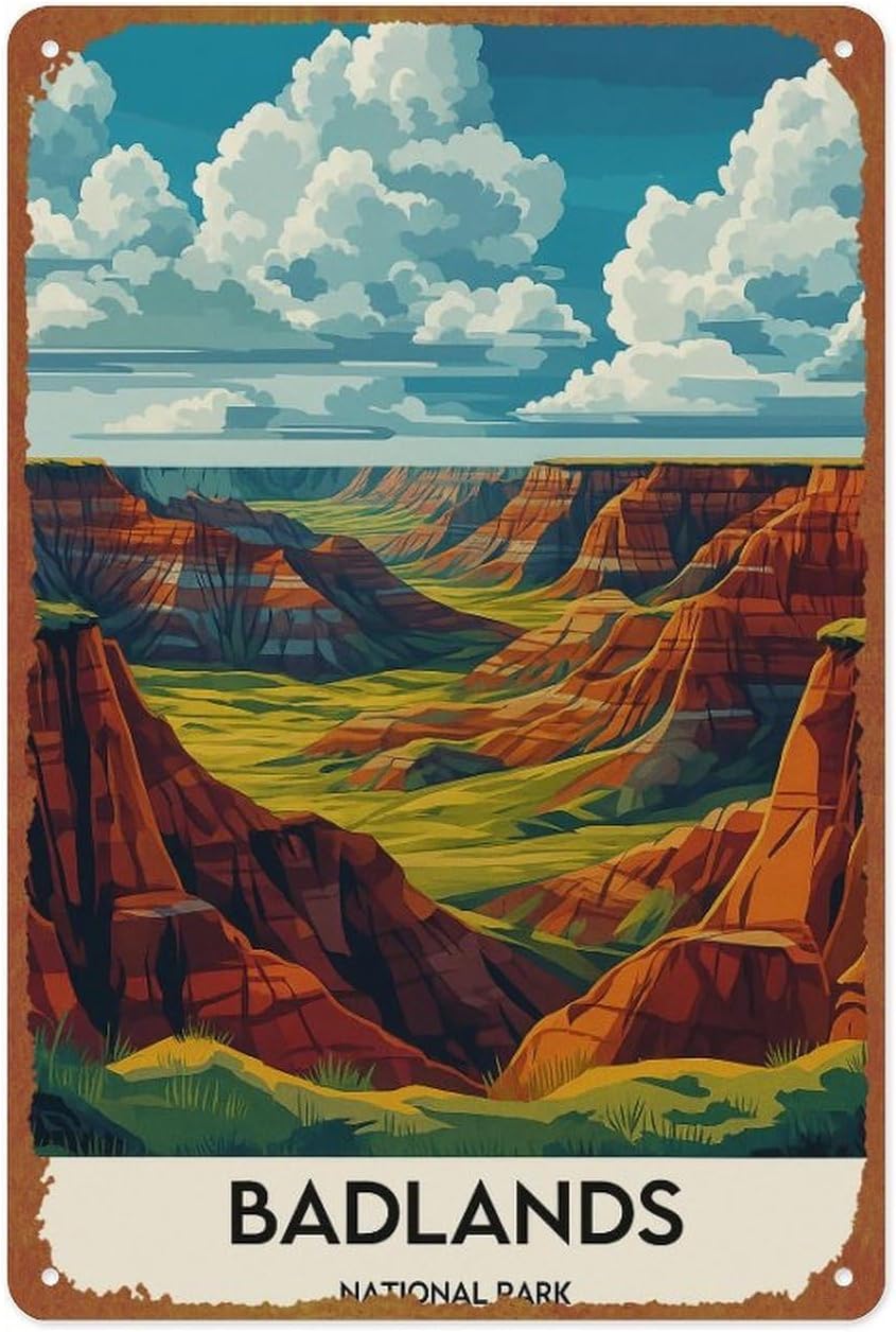 Badlands National Park Print Poster - Vintage Landscape Metal Tin Sign For Home, Bedroom, Office, Bathroom Wall Decoration, Size 12x8 Inches