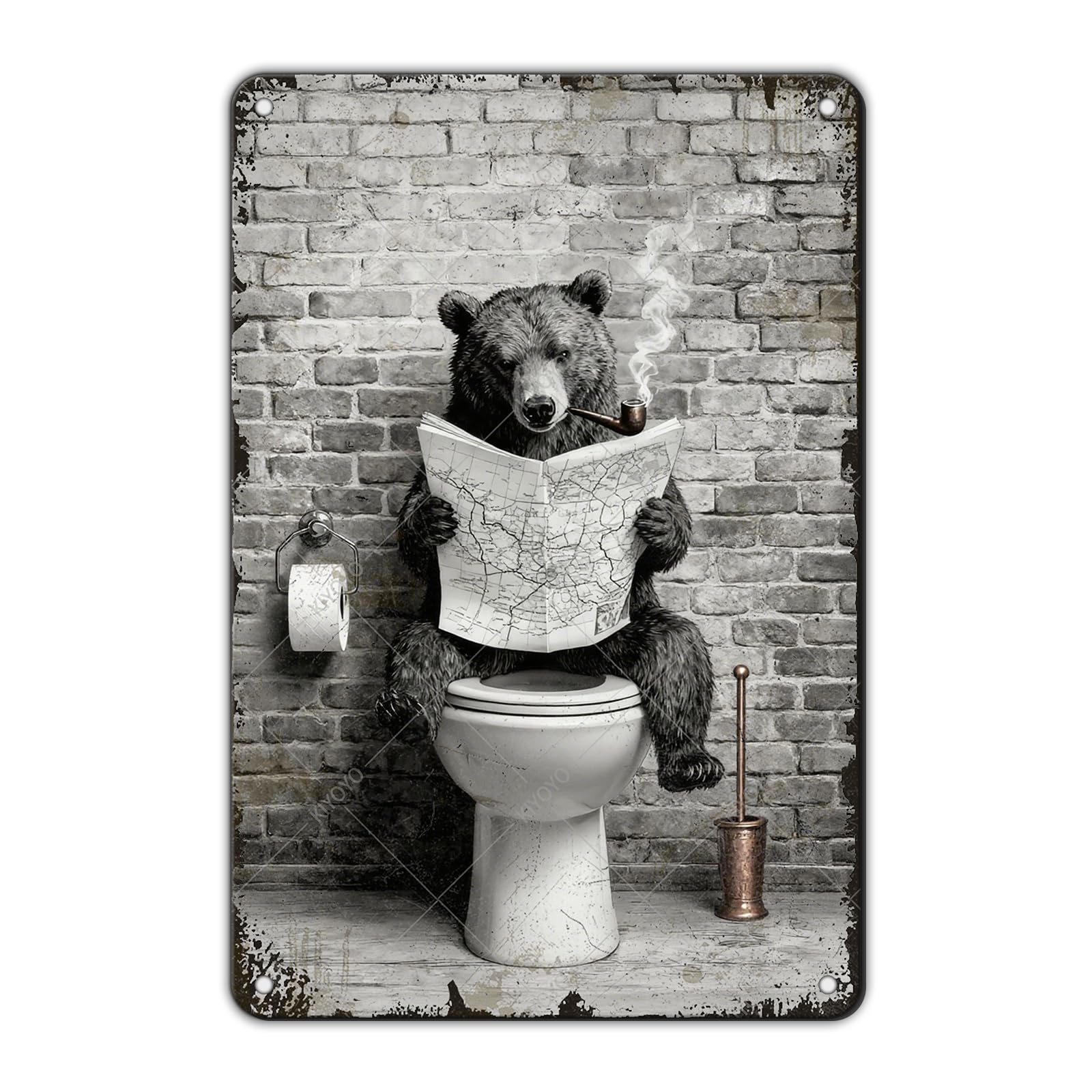 Funny Bear Metal Tin Sign Black and White Bathroom Vintage Bathroom Signs Restroom Wall Decor 12x8 Inch