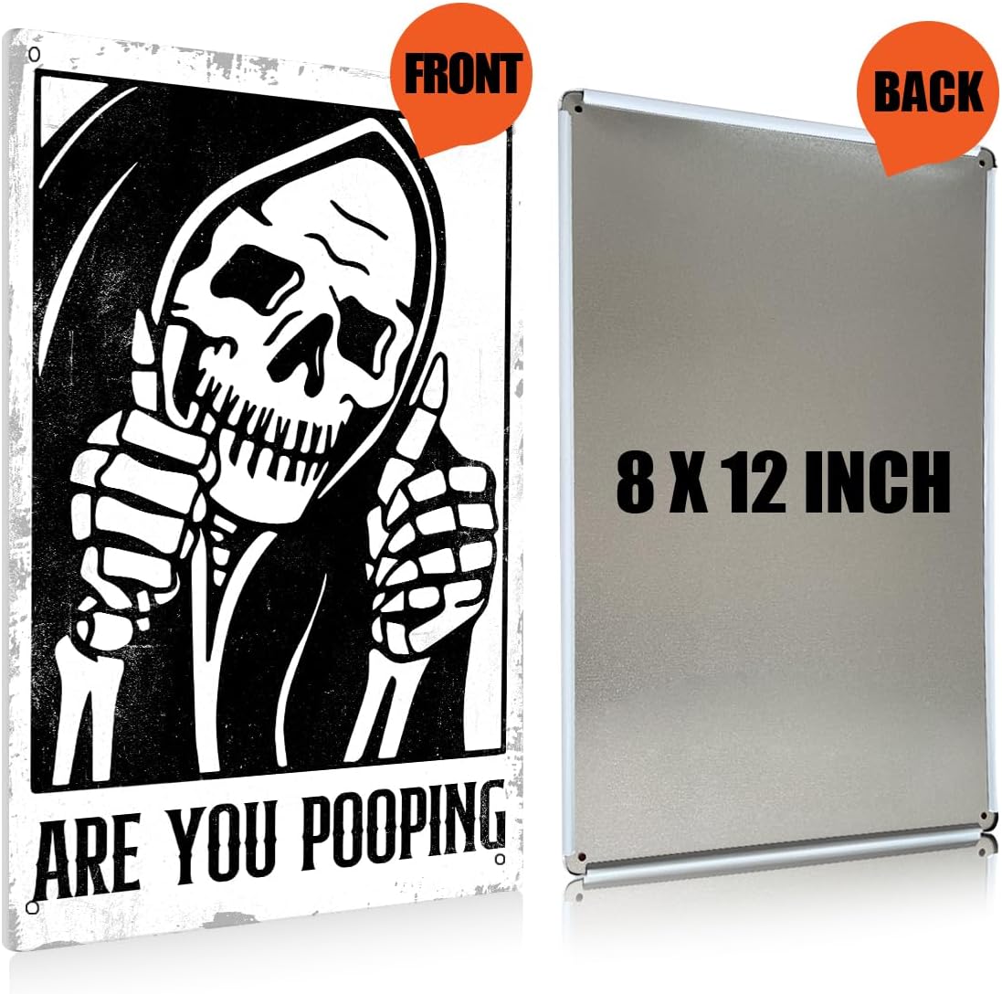BEASTZHENG Funny Gothic Bathroom Home Decor Metal Tin Sign: Funny "Are You Pooping?" Bathroom Wall Art Decor Sign for Skull Lovers 8 X 12 Inches