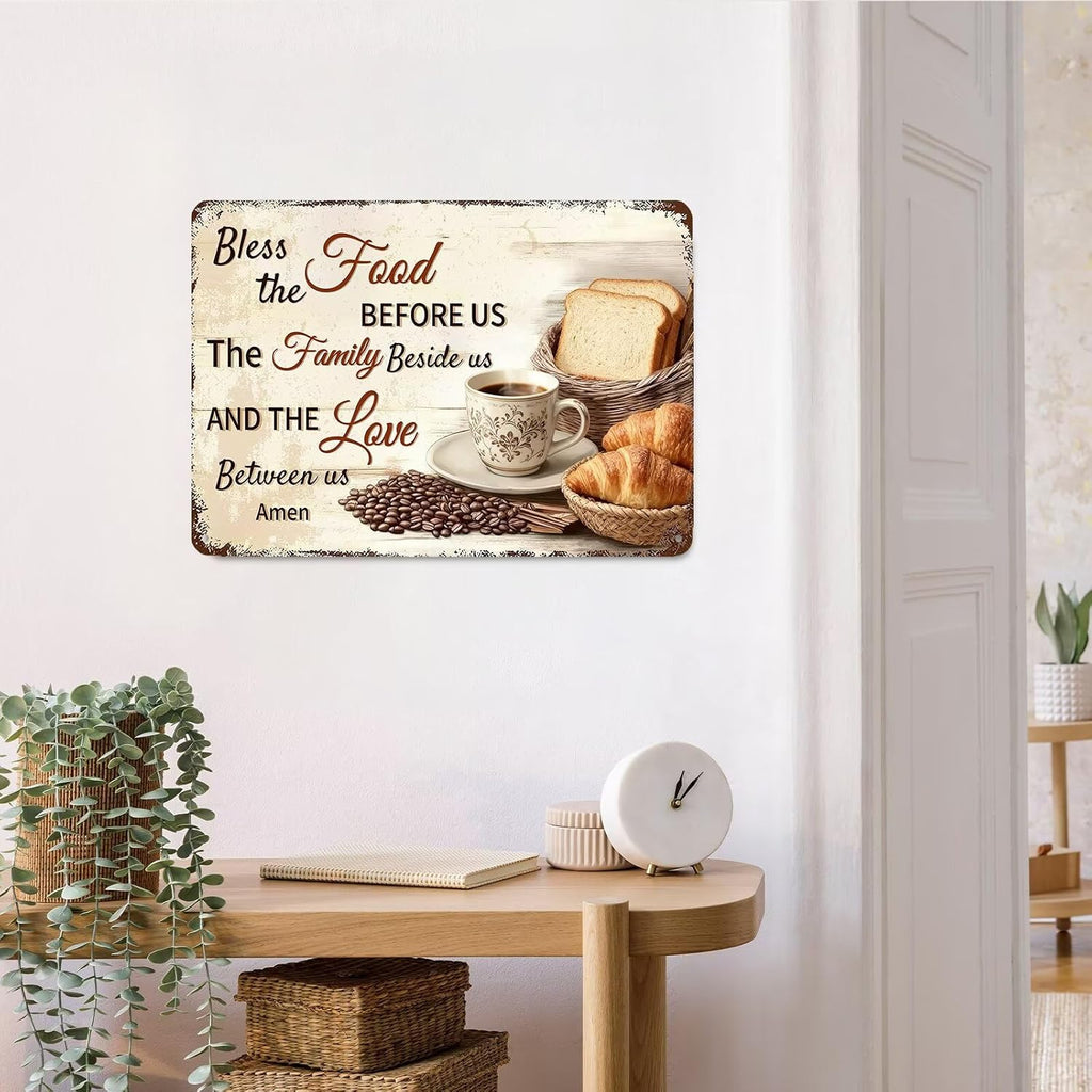 Bless the Food Before Us Wall Decor Christian Gift Bible Verse Metal Tin Signs Inspirational Sign for Farmhouse Kitchen Dining Room Wall Decor 8x12 Inch