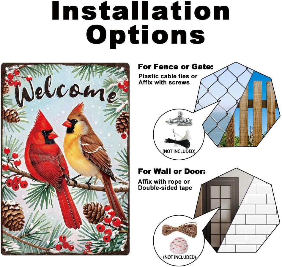 Cardinal Birds Pine Tin Sign Metal Wall Decor 8" x 12" Vintage Welcome Winter Christmas Wall Art Poster for Home Cafes Outdoor Yard Living Room Man Cave Decor Gift