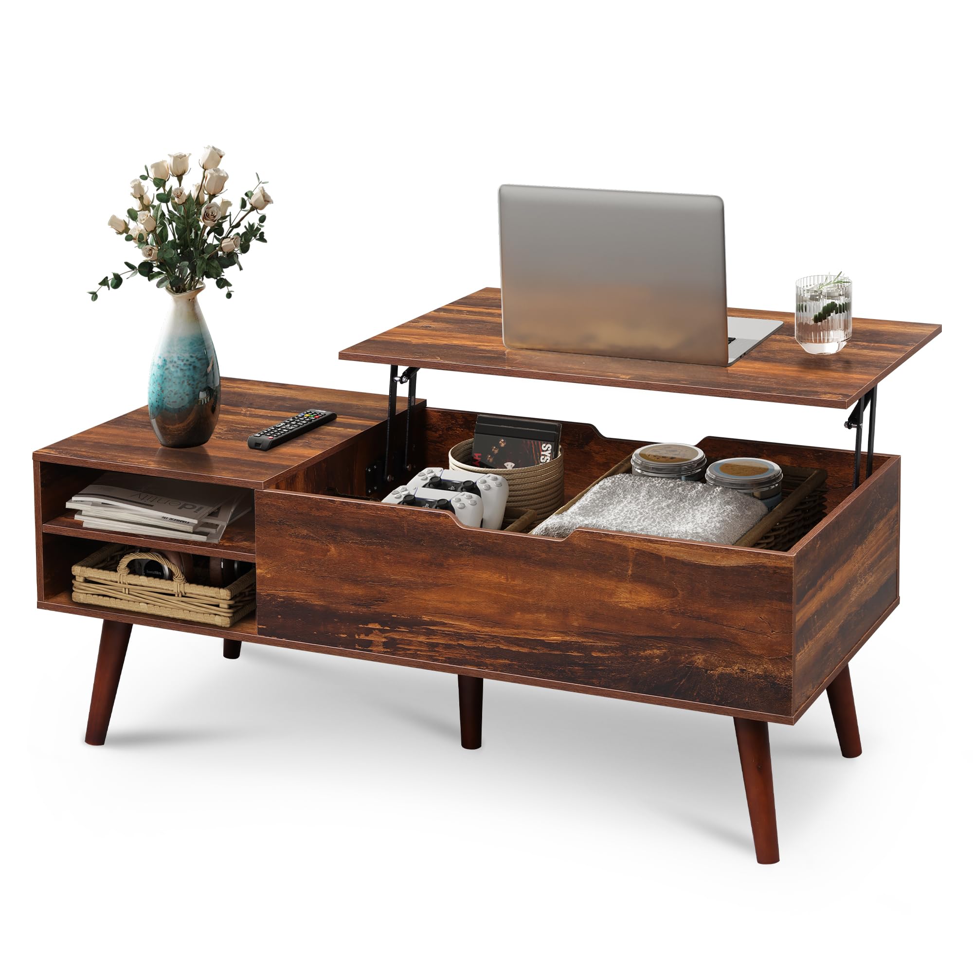 WLIVE Coffee Table with Lifting Top, Hidden Storage & Adjustable Shelf for Living Room Small Space, Multifunctional Rising Wooden Center Table, Mid Century Modern Tables for Home Dining Office, Brown