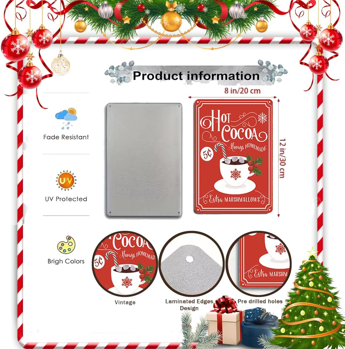 Joyline Vintage Christmas Decor Gifts Rustic Hot Cocoa Always Homemade Extra Marshmallows Tin Sign for Home Farmhouse Kicthen Cafe Bar Wall Decor 8 x 12 inches (3234)