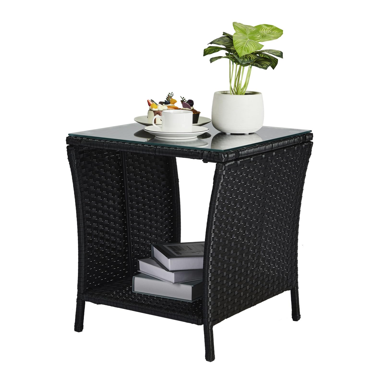 VINGLI Outdoor Wicker Side Table Patio Side Tables for Outside, Tempered Glass Top Wicker Table with Storage End Table for Balcony Porch Deck (Brown)