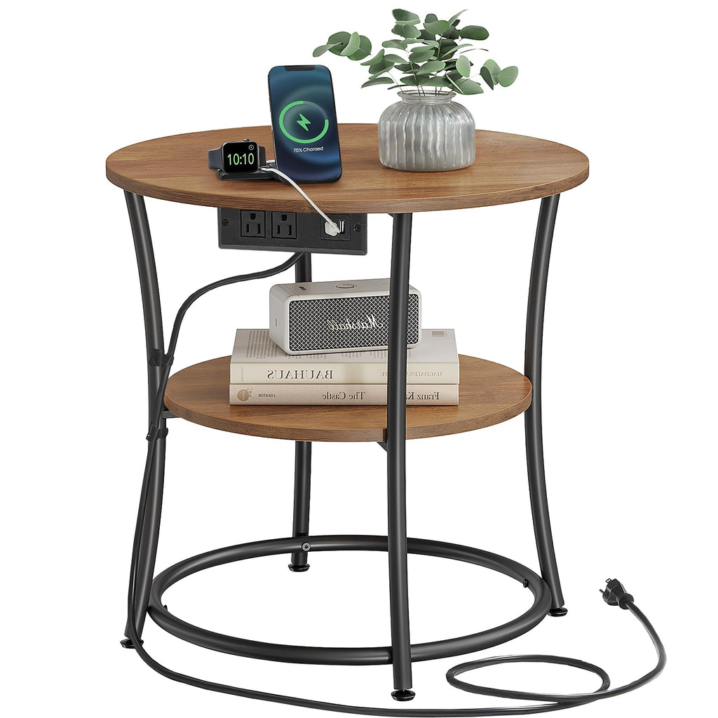 VASAGLE 21.7-Inch Round Side Table, 2-Tier End Table, Nightstand with Steel Frame, Spacious Top, for Small Spaces, Living Room, Bedroom, Rustic Brown and Ink Black ULET56BX