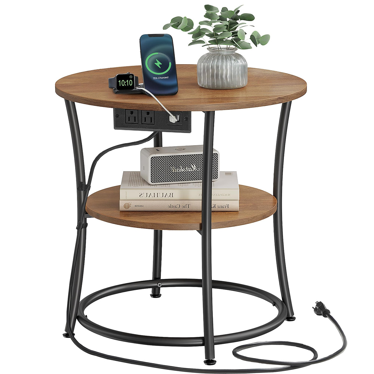 VASAGLE 21.7-Inch Round Side Table, 2-Tier End Table, Nightstand with Steel Frame, Spacious Top, for Small Spaces, Living Room, Bedroom, Rustic Brown and Ink Black ULET56BX