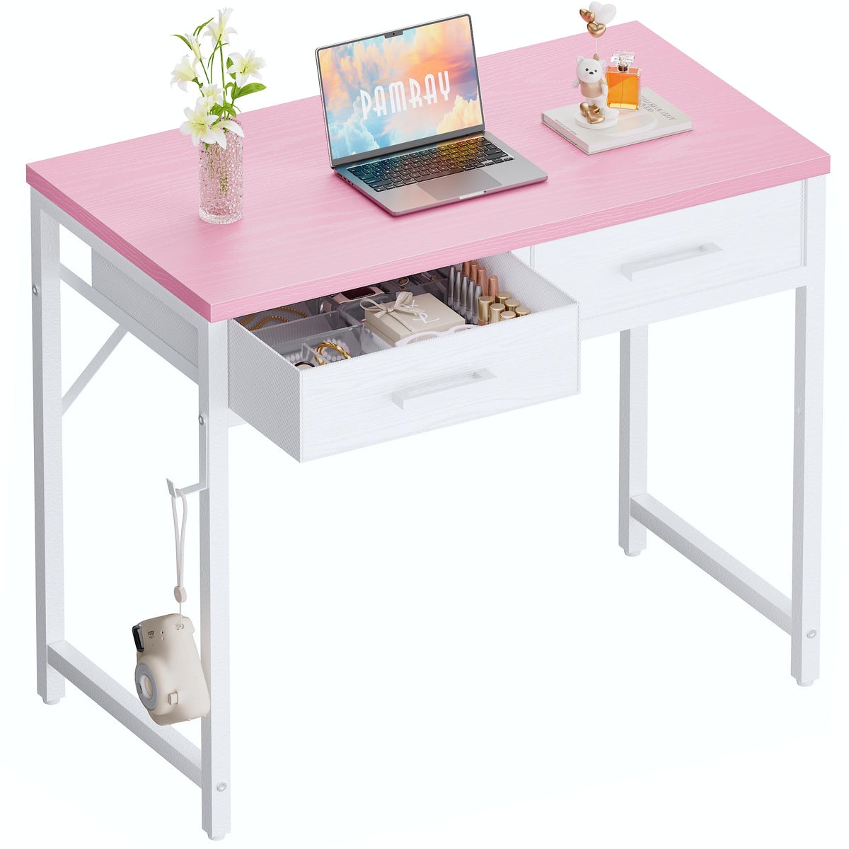 Pamray 32 Inch Small Computer Desk with 2 Drawers for Bedroom Study Writing Home Office Table for Small Spaces Black