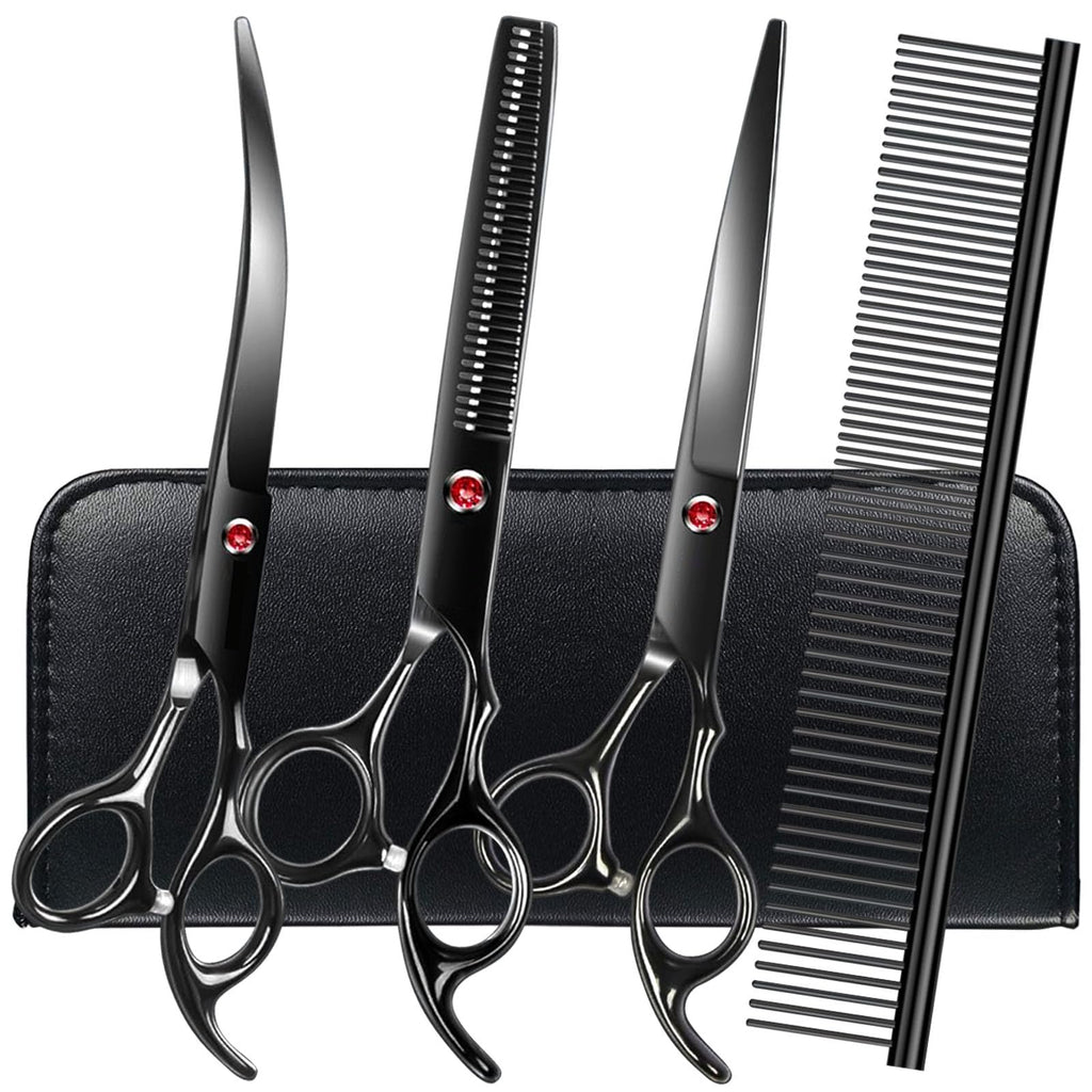 FAIGEO Dog Grooming Scissors Kit, Premium Stainless Steel Dog Shears with Curved Shears, Sharp Durable for Dogs Cats+Blue 3 Piece