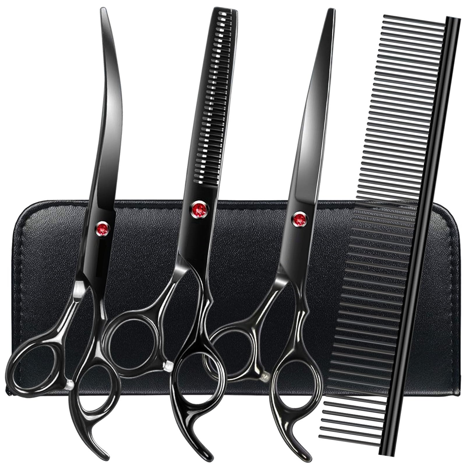 FAIGEO Dog Grooming Scissors Kit, Premium Stainless Steel Dog Shears with Curved Shears, Sharp Durable for Dogs Cats+Blue 3 Piece
