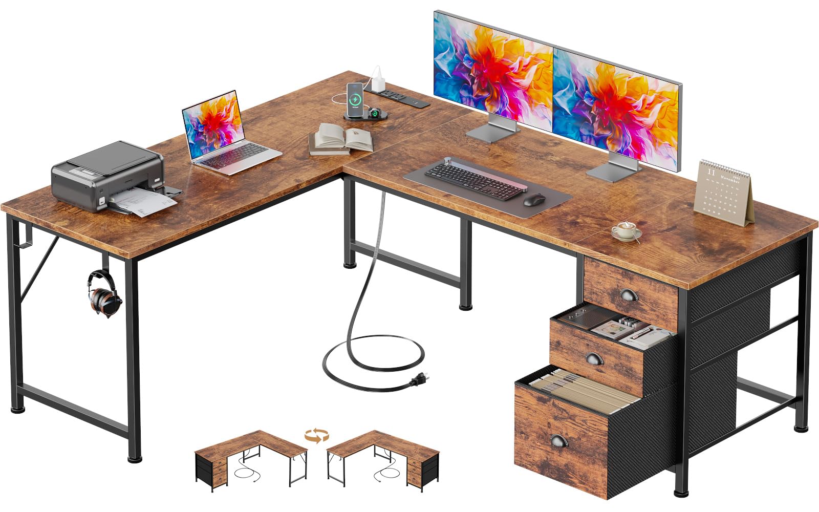 Furologee 63" L Shaped Desk with Power Outlets & USB-C Port, Reversible Corner Computer Desk with 3 Fabric Drawers, Hooks, Large Home Office Desk for Gaming, Writing, Work, Black