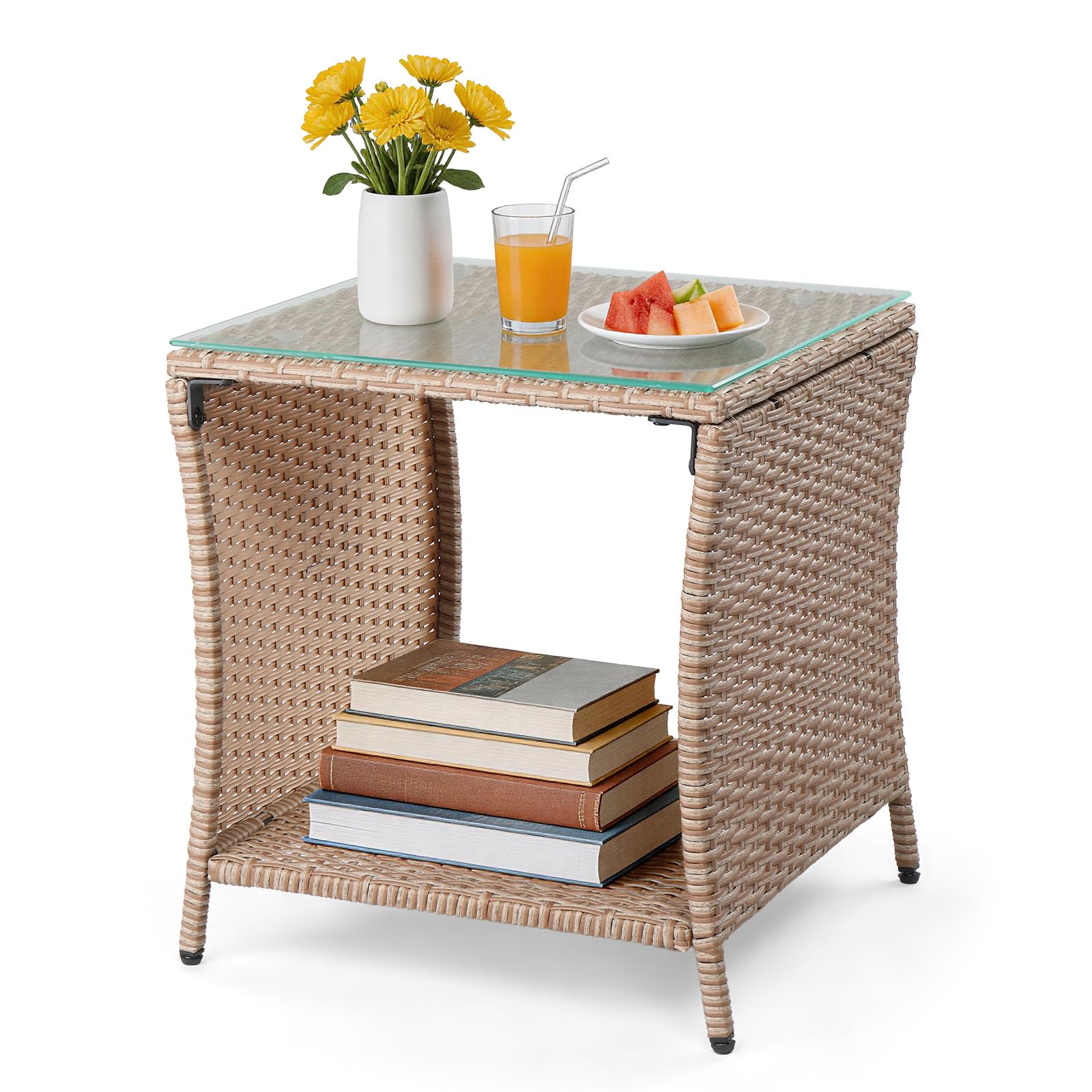VINGLI Outdoor Wicker Side Table Patio Side Tables for Outside, Tempered Glass Top Wicker Table with Storage End Table for Balcony Porch Deck (Brown)
