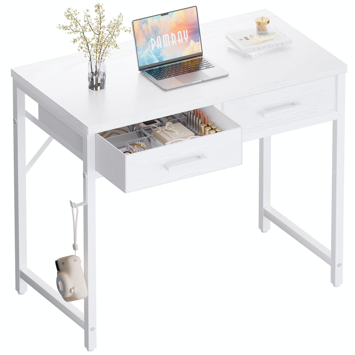 Pamray 32 Inch Small Computer Desk with 2 Drawers for Bedroom Study Writing Home Office Table for Small Spaces Black