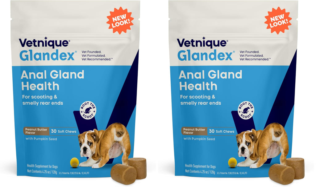 Vetnique Glandex Anal Gland Soft Chew Treats with Pumpkin for Dogs Digestive Enzymes, Probiotics Fiber Supplement for Dogs Boot The Scoot (Advanced Strength Duck/Bacon, 60 Ct)