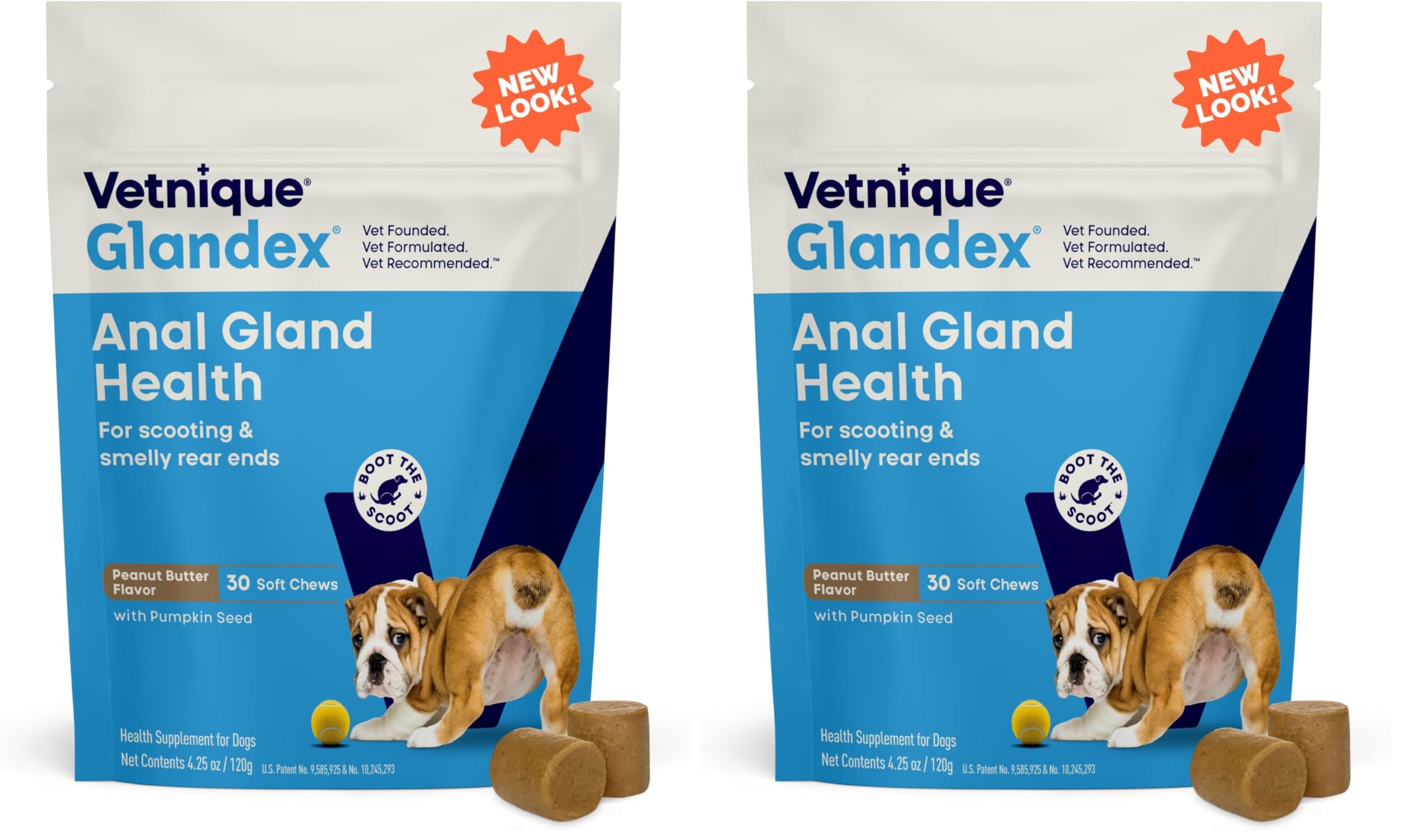 Vetnique Glandex Anal Gland Soft Chew Treats with Pumpkin for Dogs Digestive Enzymes, Probiotics Fiber Supplement for Dogs Boot The Scoot (Advanced Strength Duck/Bacon, 60 Ct)
